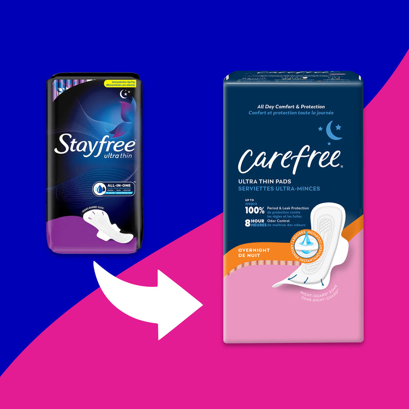 CAREFREE® Ultra Thin Pads, Overnight With Wings