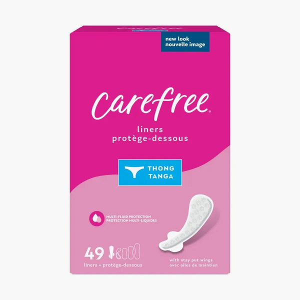 Front of Carefree Unscented Thong Panty Liners With Wings 49 count pack.