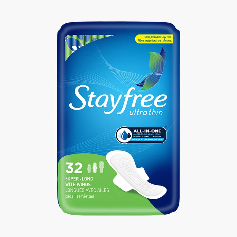 Stayfree Ultra Thin Long Unscented Pads With Wings 32 count pack front vertical view.